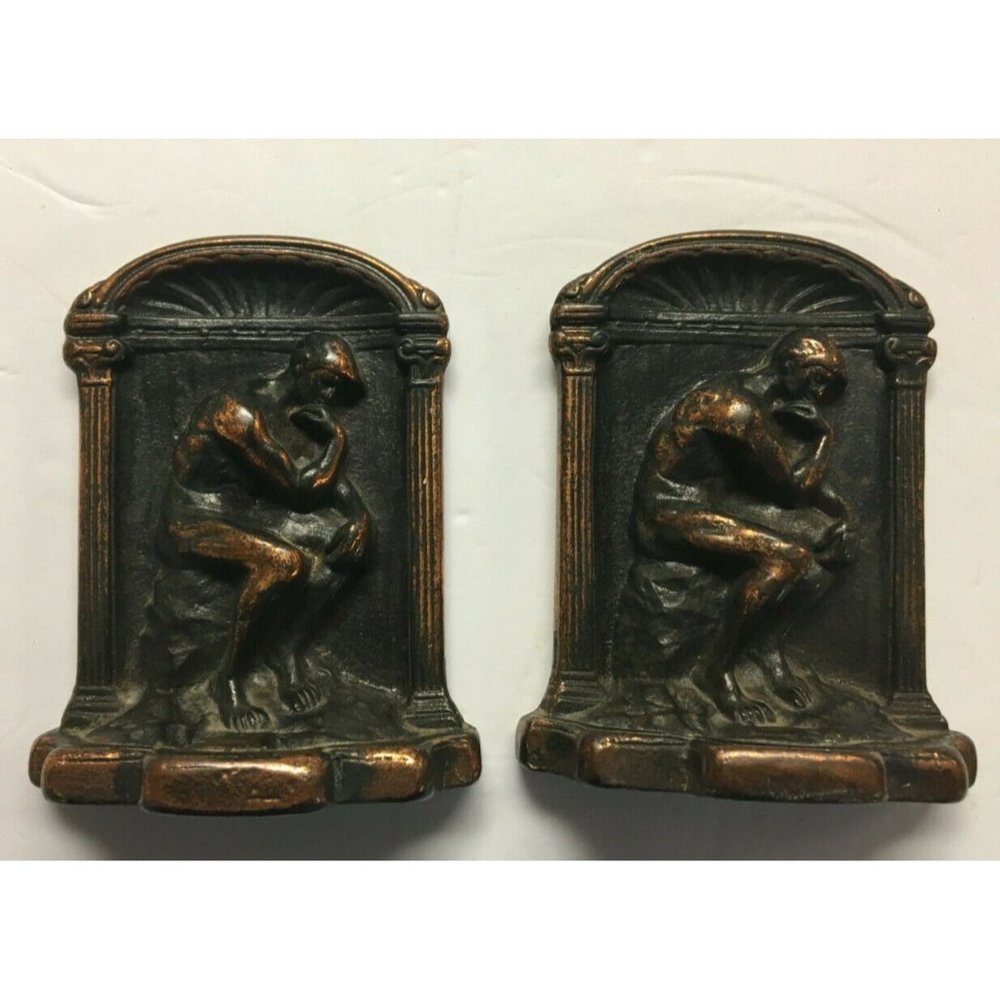 Metal Bookends Rodin's The Thinker Pair Coppertone Solid No Marks Vintage